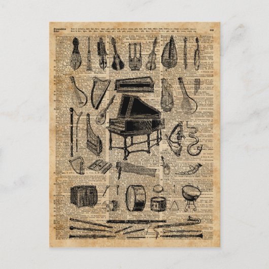 Dictionary Art Vintag Music Instruments Postkarte (Vorderseite)
