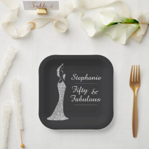 Die 50. Modern Silver Cocktail Dress Birthday Pappteller
