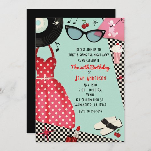Die 50er Jahre verkleiden Retro-Vintage Einladunge Einladung (Vorne/Hinten)