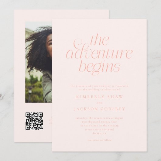 Die Abenteuer Beginnen Minimal Hochzeit Pfirsich Einladung (Vorne/Hinten)