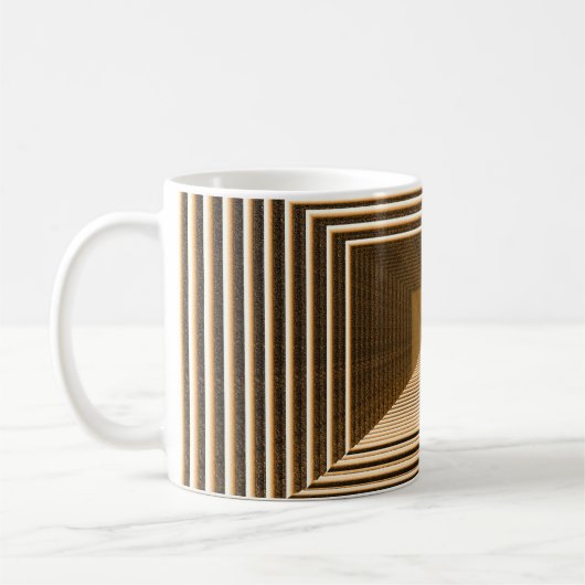 Die abstrakte gelbe Pyramide wird in der Tiefe Kaffeetasse (Links)