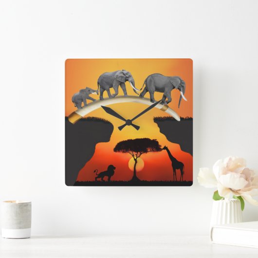 DIE AFRIKANISCHE ELEPHANISCHE FAMILIE QUADRATISCHE WANDUHR (Zuhause)