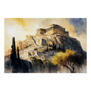 Die Akropolis von Athen, Öl und Aquarell Poster