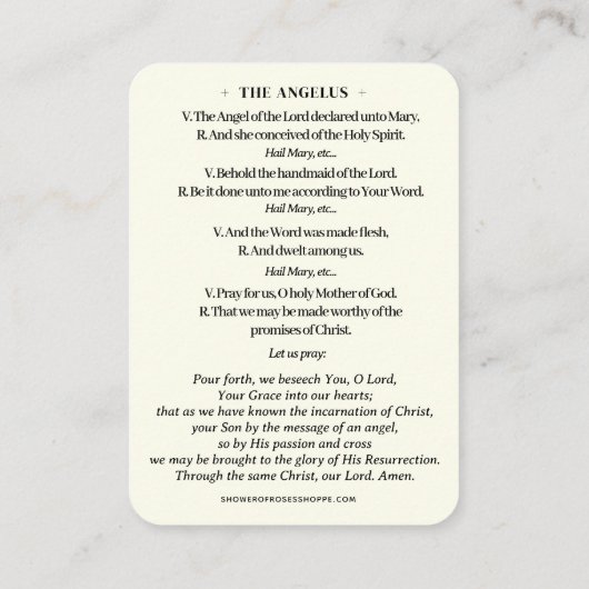 Die Angelus-Gebetskarte des Engels Visitenkarte (Rückseite)