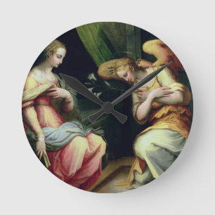 Die Ankündigung (Öl auf Platte) 3 Runde Wanduhr