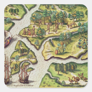 Die Ankunft der Franzosen in Port Royal Quadratischer Aufkleber