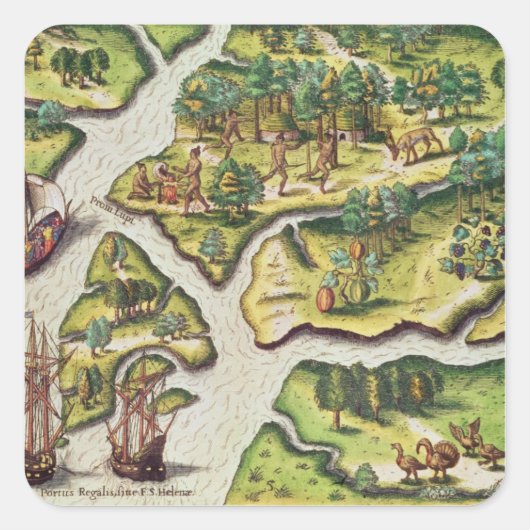 Die Ankunft der Franzosen in Port Royal Quadratischer Aufkleber (Vorderseite)