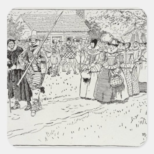 Die Ankunft der jungen Frauen in Jamestown Quadratischer Aufkleber (Vorderseite)