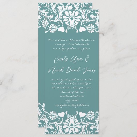 Die Aqua Blue Damask Einladung zur Hochzeit (Vorne/Hinten)