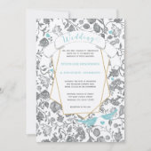 Die Aqua Gray Floral Pattern Love Bird Hochzeit Einladung (Vorderseite)