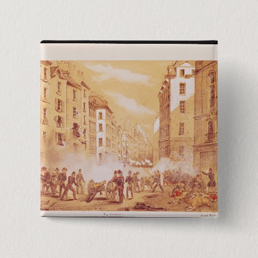 Die Armee, die eine Barrikade in der Rue in Button (Vorderseite)