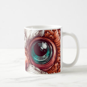 Die Augen sind groß und ausdrucksstark, mit realis Kaffeetasse