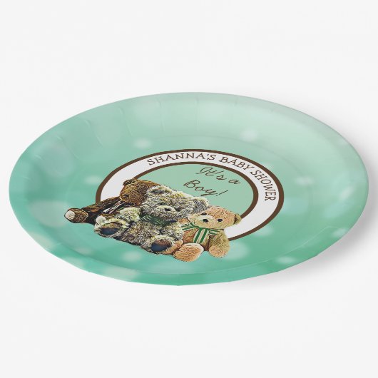 Die Baby-Dusche des grünen und braunen Teddy Bären Pappteller (Schrägansicht)