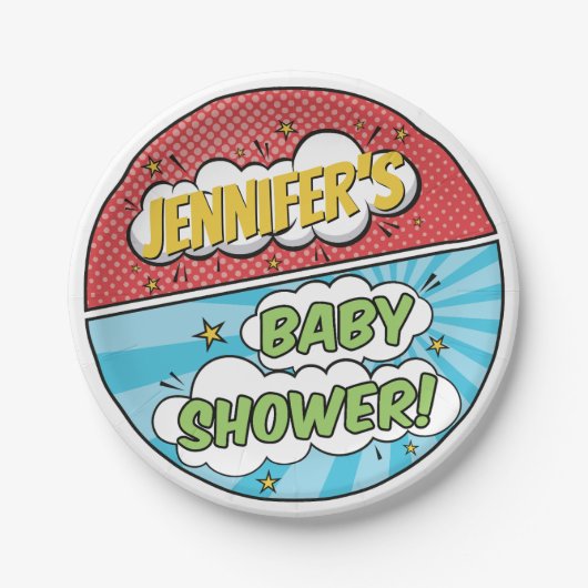 Die Babydusche des Superhero Comic ist ein Kinderb Pappteller (Vorderseite)