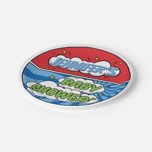 Die Babydusche des Superhero Comic ist ein Kinderb Pappteller (Schrägansicht)