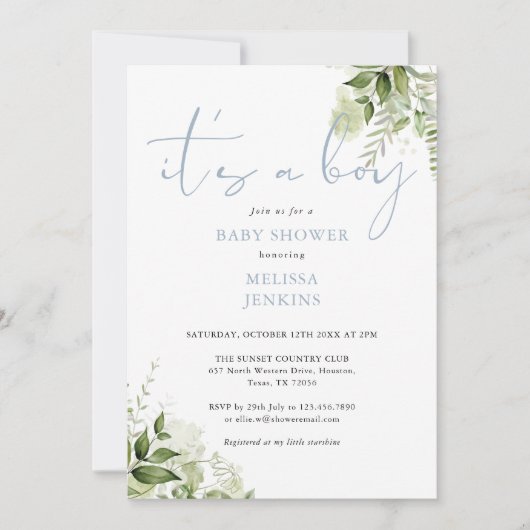 Die Babydusche ist ein Baby Dusty Blue Greenerity Einladung (Vorderseite)