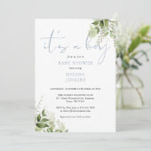 Die Babydusche ist ein Baby Dusty Blue Greenerity Einladung (Stehend Vorderseite)