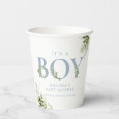 Die Babydusche ist eine Junge-Grüne Dusty Blue Let Pappbecher (Rückseite)