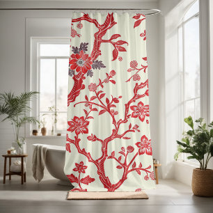 Die Badezimmer sind mit roten Blumenmotiven dekori Duschvorhang