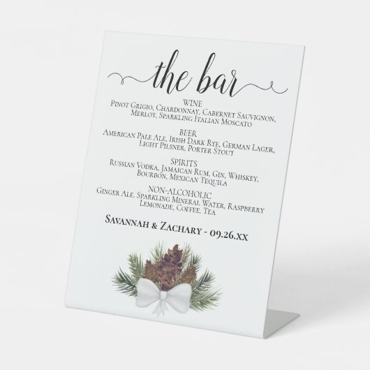 Die Bar - Rustikale Pinecones Drinks Menü Hochzeit Sockelschild (Vorderseite)