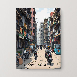 Die belebte Straße im Zentrum von Kalkutta, Indien Button