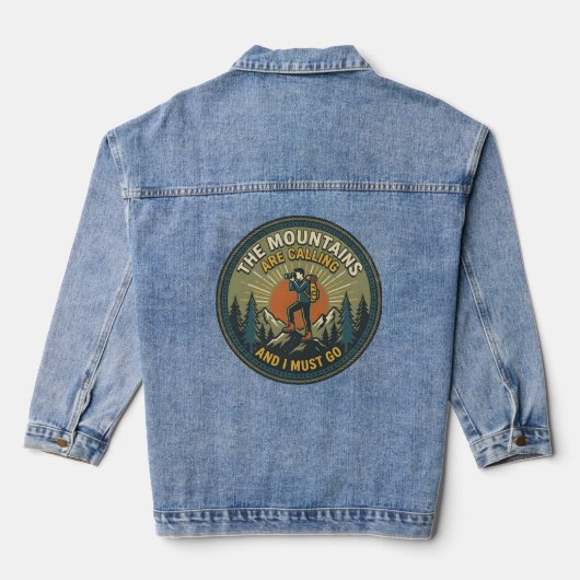 Die Berge rufen Vintage-Wanderabzeichen Jeansjacke (Rückseite)