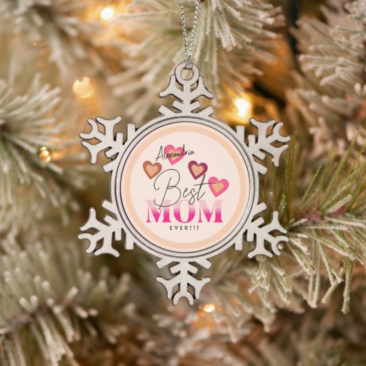 Die beste Mama aller Zeiten, rosa Herzen Schneeflocken Zinn-Ornament (Baum)