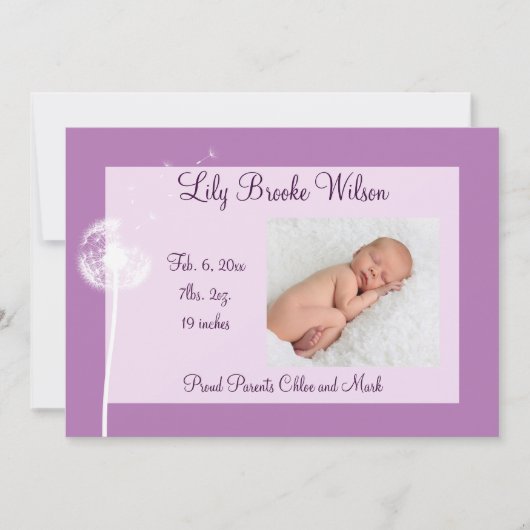 Die besten Wünsche!!! Geburtserklärung 1 (lila) Ankündigung (Vorderseite)