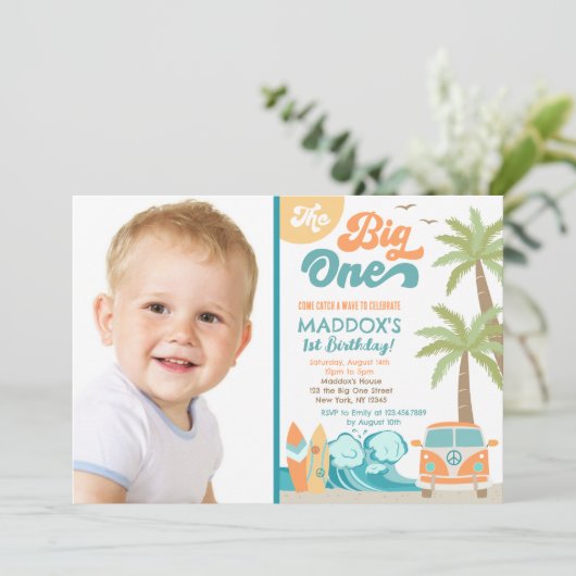 Die Big One Surf's Up Surf - Einladung zum Geburts (Stehend Vorderseite)