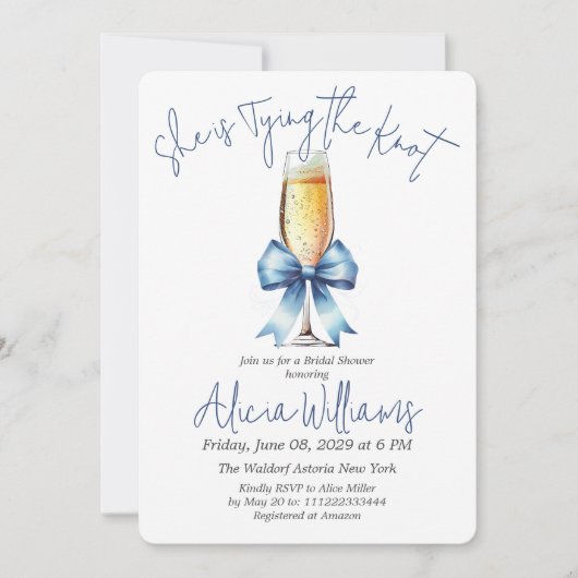 Die Bindung des Knotens Blue Bow und des Prosecco- Einladung (Vorderseite)