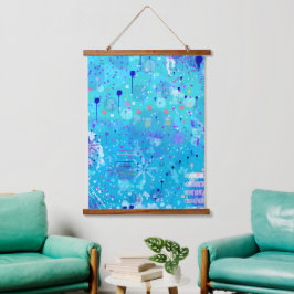 Die Blasenmaschine: Blaue abstrakte Kunst Wandteppich Mit Holzrahmen