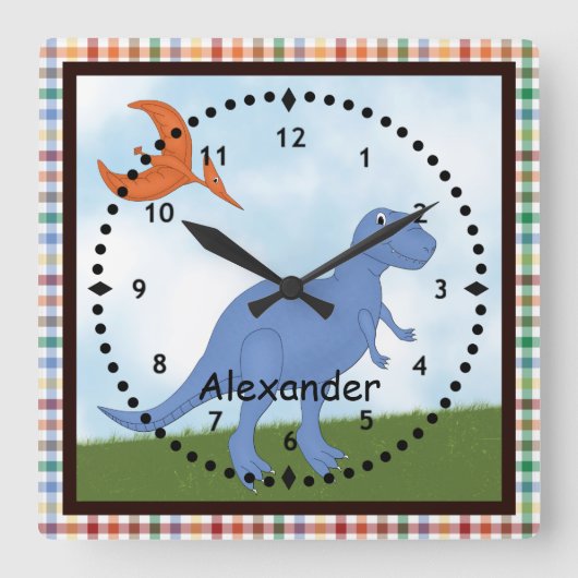 Die blaue Dinosaurier-Wall-Uhr des Kindes Quadratische Wanduhr (Vorderseite)