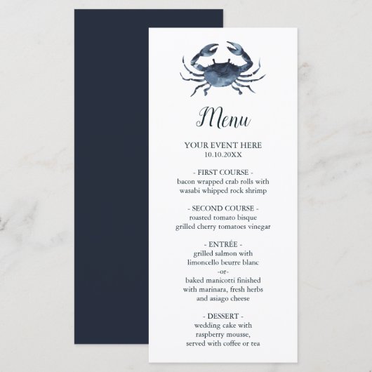 Die blaue Krabbe | Nautical Wedding Menu Menükarte (Vorne/Hinten)