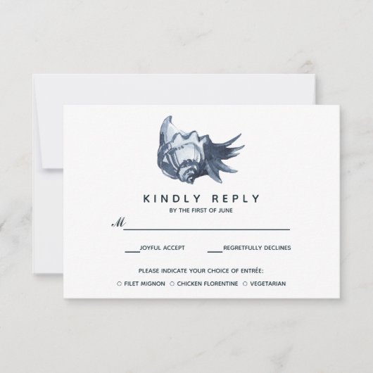 Die blaue Seashell | Hochzeitsrabatt mit Essenswah RSVP Karte (Vorderseite)