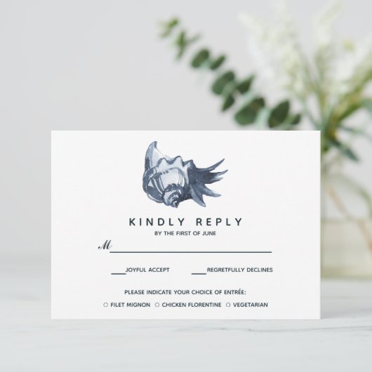 Die blaue Seashell | Hochzeitsrabatt mit Essenswah RSVP Karte (Stehend Vorderseite)