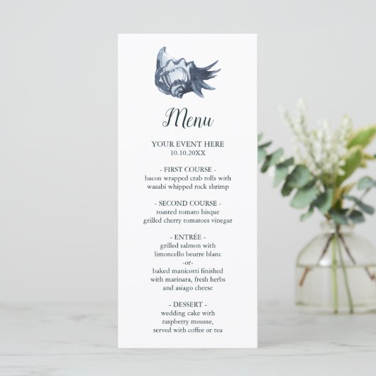 Die blaue Seashell | Nautical Wedding Menu Menükarte (Stehend Vorderseite)