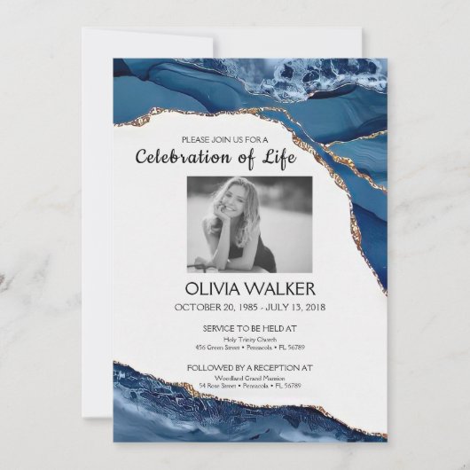 Die blaue und goldene Beerdigung feiern das Leben Einladung (Vorderseite)