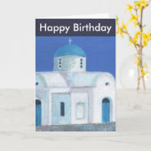 Die blaue und weiße griechisch-zyprische Kirche fr Karte (Gelbe Blume)