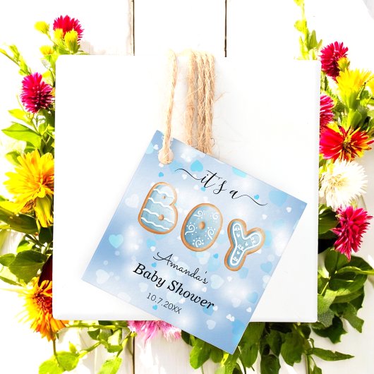 Die blaue weiße Gefältchen der Babydusche Geschenkanhänger