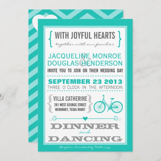 Die blauen Zickzack Trendy Wedding Fahrrad-Herzen Einladung (Vorne/Hinten)