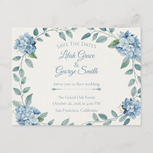 Die Blue Bloom Elegant Garden Save The Dates Karte (Vorderseite)