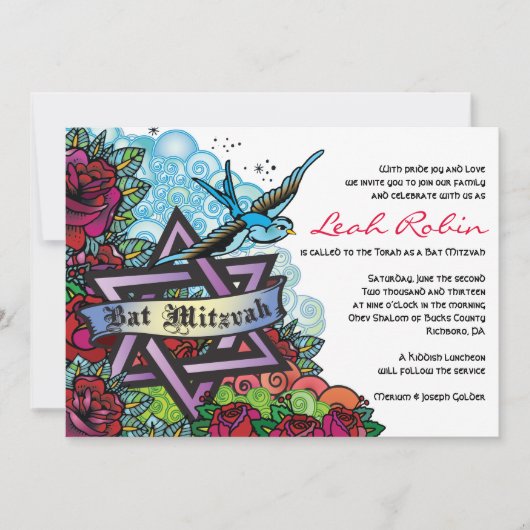 DIE BLUEBIRD STAR VON DAVID Bat Mitzvah Einladung (Vorderseite)