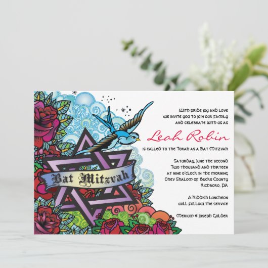 DIE BLUEBIRD STAR VON DAVID Bat Mitzvah Einladung (Stehend Vorderseite)