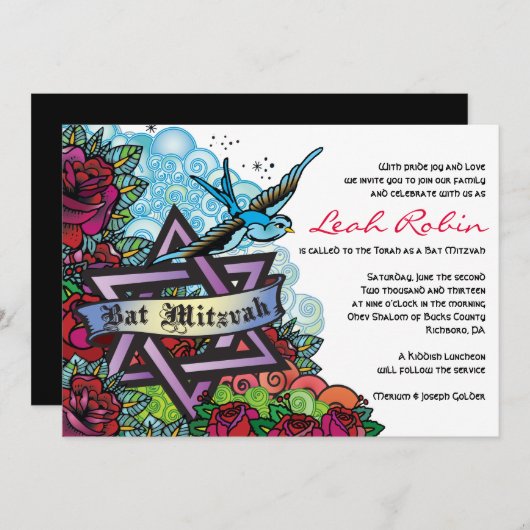 DIE BLUEBIRD STAR VON DAVID Bat Mitzvah Einladung (Vorne/Hinten)
