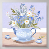 Die blühende Kanne | Blaue Wasserfarben-Teemalerei Poster (Vorne)