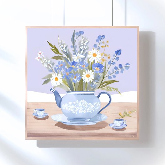 Die blühende Kanne | Blaue Wasserfarben-Teemalerei Poster
