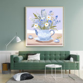 Die blühende Kanne | Blaue Wasserfarben-Teemalerei Poster