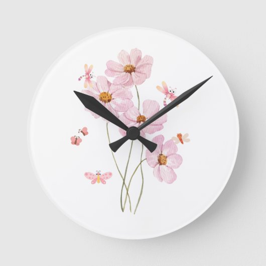 Die blühende rosa Blume botanisch und schmetterisi Runde Wanduhr (Vorderseite)