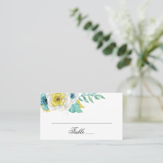 Die Blumen sind blau und gelb. Blumenhochzeit Platzkarte (Stehend Vorderseite)