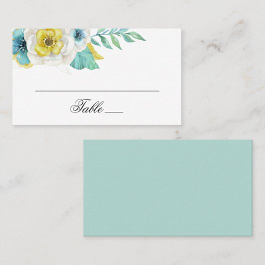 Die Blumen sind blau und gelb. Blumenhochzeit Platzkarte (Vorne/Hinten)